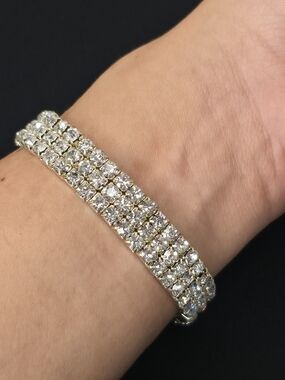 Vintage Gold Tone 3 Row Rhinestone Stretch Elastic Bracelet 8"